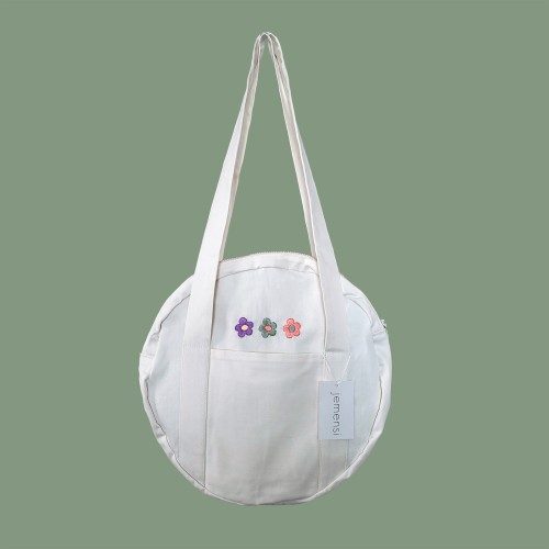 Çiçek Nakışlı Kanvas Daire Tote Bag